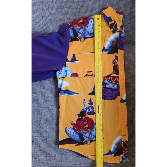 Vintage 80s Southwestern Western Art Shirt Purple Yellow Cowboy Print Colorblock - Picture 2 of 9
